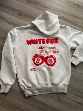 White Fox Boutique Light Gray Hoodie Vest with Red Cherry Graphic